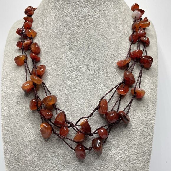 Stunning Carnelian Agate Gemstone Knotted Multi Layer Boho Necklace Statement - Picture 1 of 7
